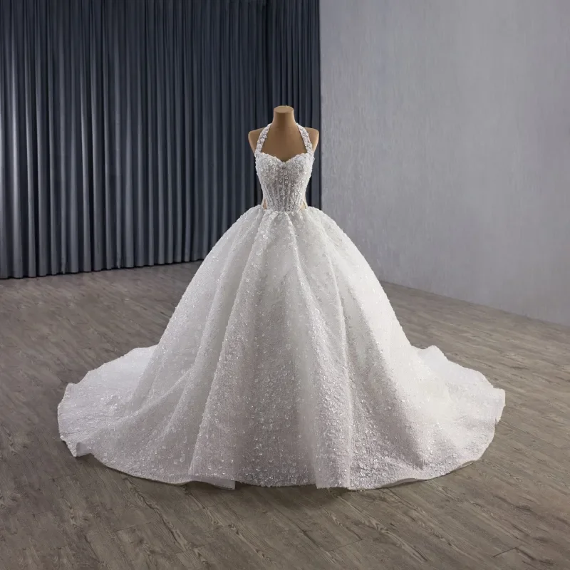 Custom New Elegant Sweetheart Big Skirt Dress With Sleeveless Beads Sequins Bareback Strap Design Puffy Skirt Vestido De Novia