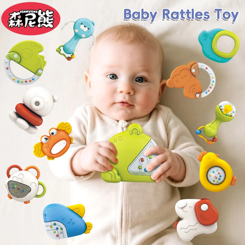 SENNIXIONG Baby Tafelbel Schattige Puppy Krab Haai Rammelaar Baby Kauwbare Bijtring Montessori Zintuiglijke Speelgoed Voor Peuter Walvis Doos Gift