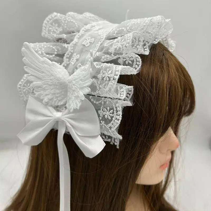 Diadema gótica Lolita de encaje blanco con alas de ángel y lazo, elegante banda para el cabello con volantes, accesorios para el cabello para mujer, cosplay y fiesta