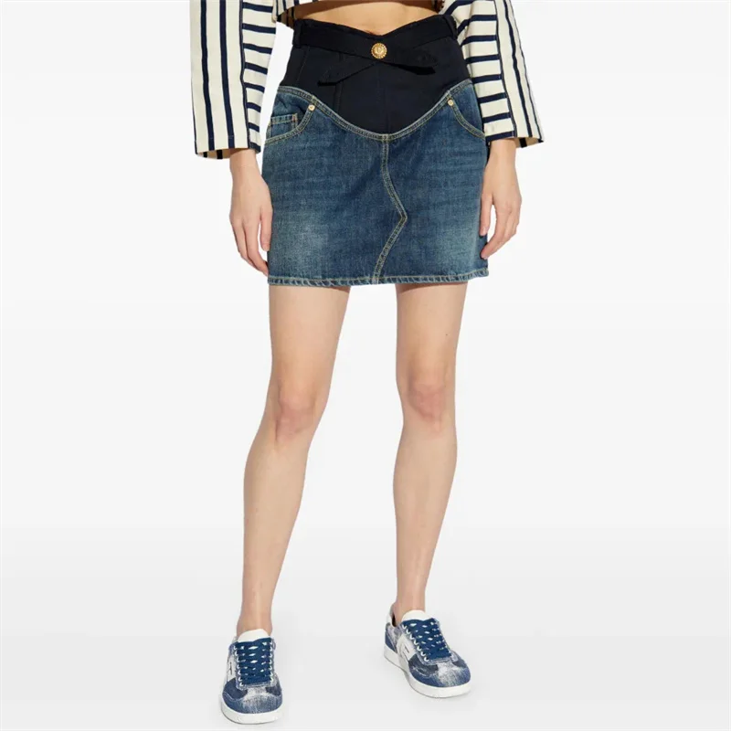 

Women's half skirt New color blocking patchwork mini skirt for summer 2025 High quality cotton blended short skirt denim skirt