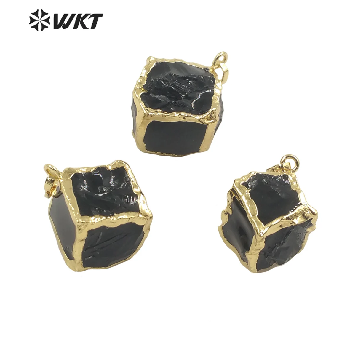 

WT-P1809 WKT special design natural hammer handmade candy cubes pendant gold electroplated square black obsidian stone pendant