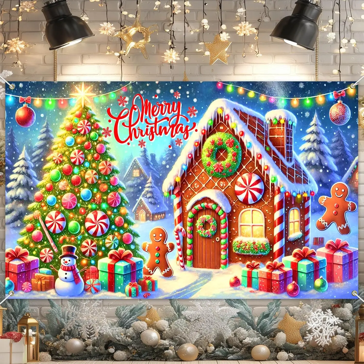 Gingerbread Snowman Christmas Tree Backdrop Banner, Holiday Winter Scenic Party Photo Background Wall Decor Display