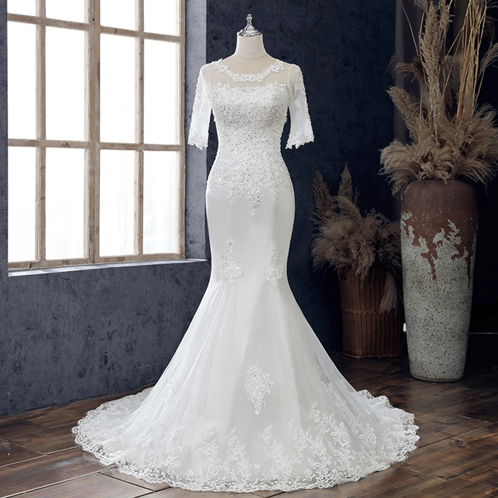 

GUXQD Short Sleeves Women Wedding Dresses Mermaid Appliques Beading Court Train Bridal Gowns Vestido De Noiva robe de mariée