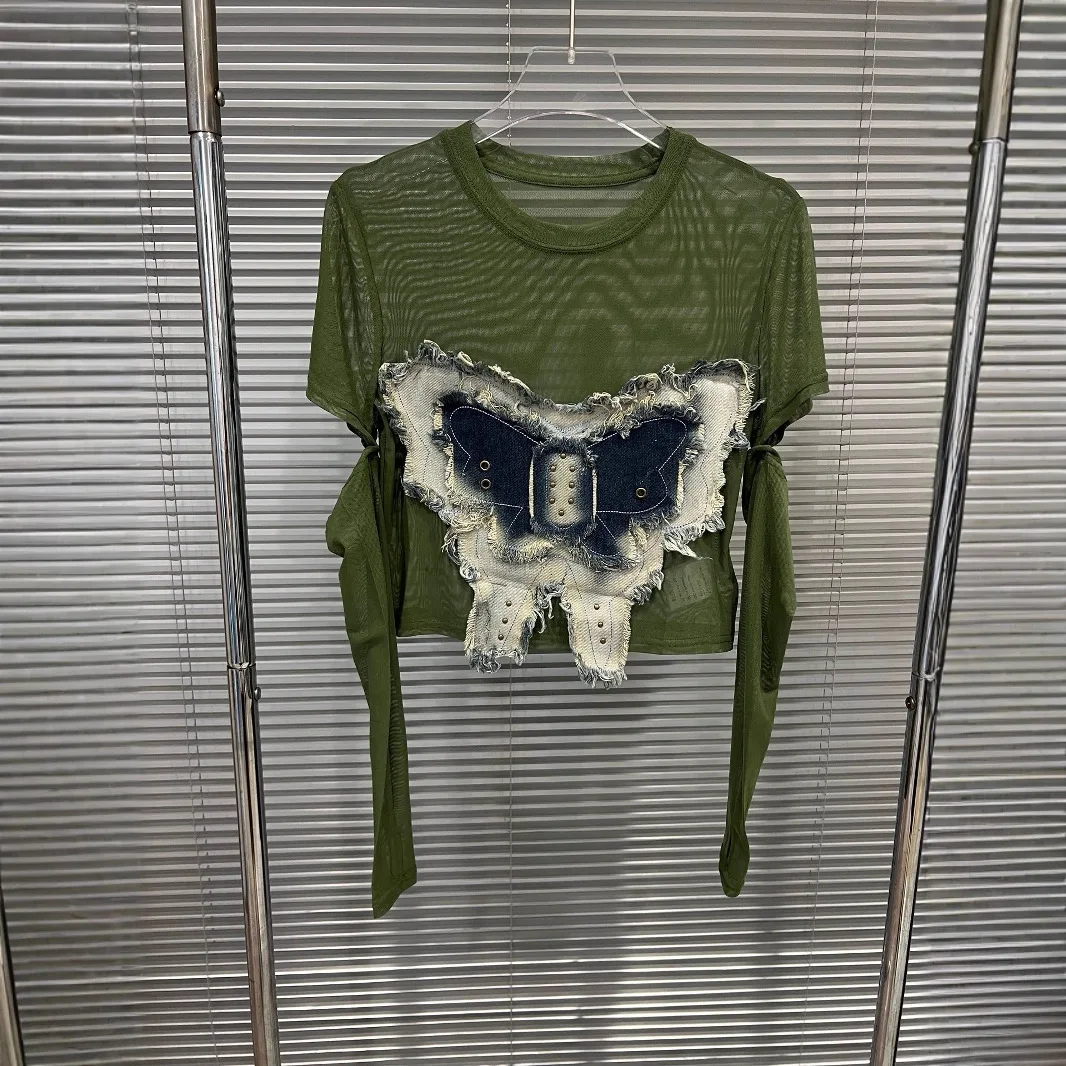 

2025 Autumn New Arrival: Niche Design Trendy Brand Denim Butterfly Green Mesh Blouse for Women