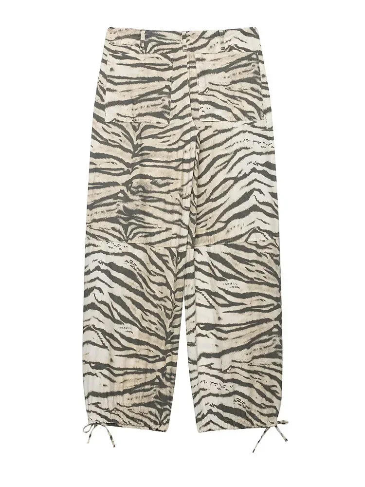 New Women Summer Chic Tiger Stripe Print High Waist Drawstring Wide Leg Pants Tie Hem Trousers For Vacation Going Out Party Wear