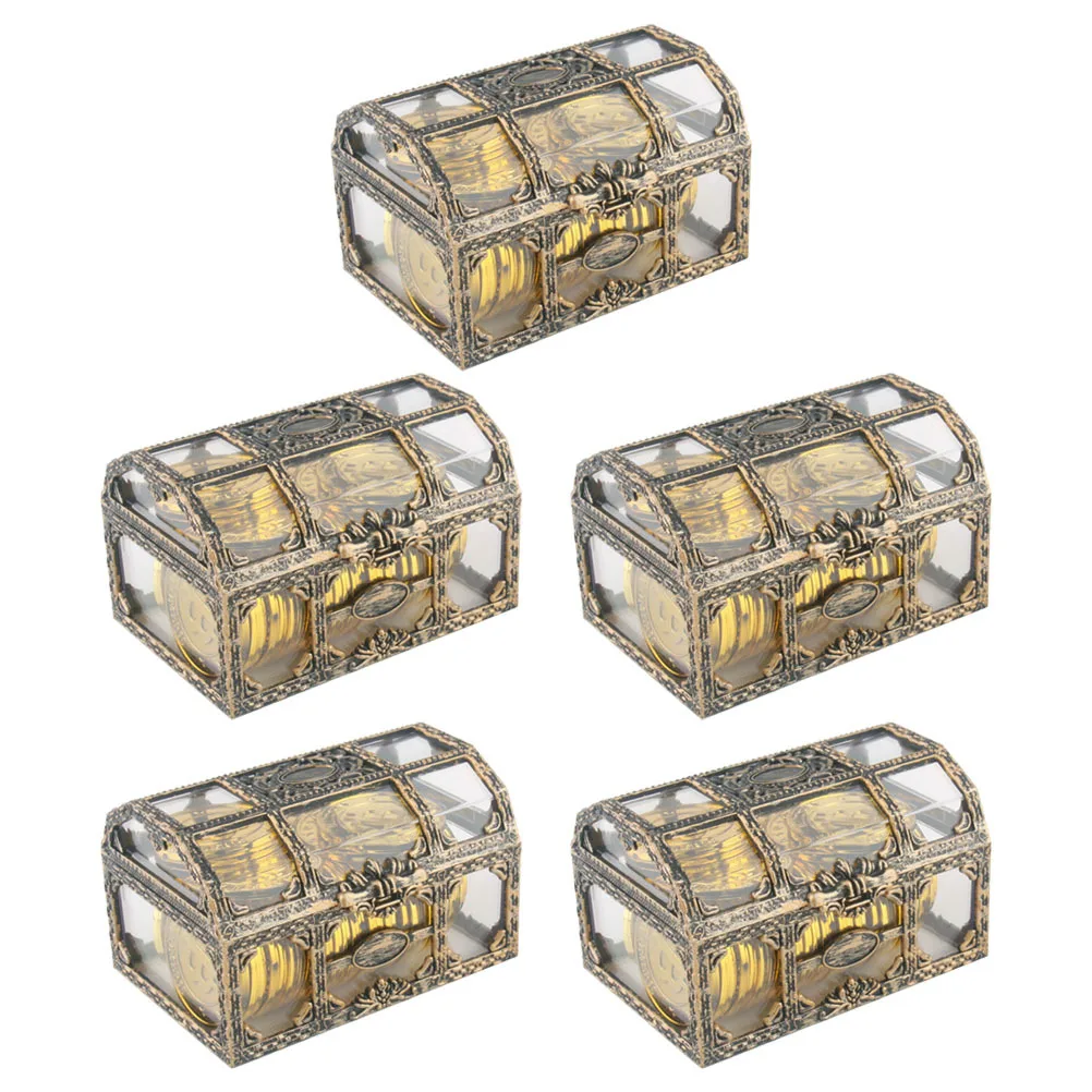 

5Pcs Plastic Treasure Chest Box Vintage Style Transparent Kids Jewelry Coin Holder for Pretend Play Pirate Theme Party Favors