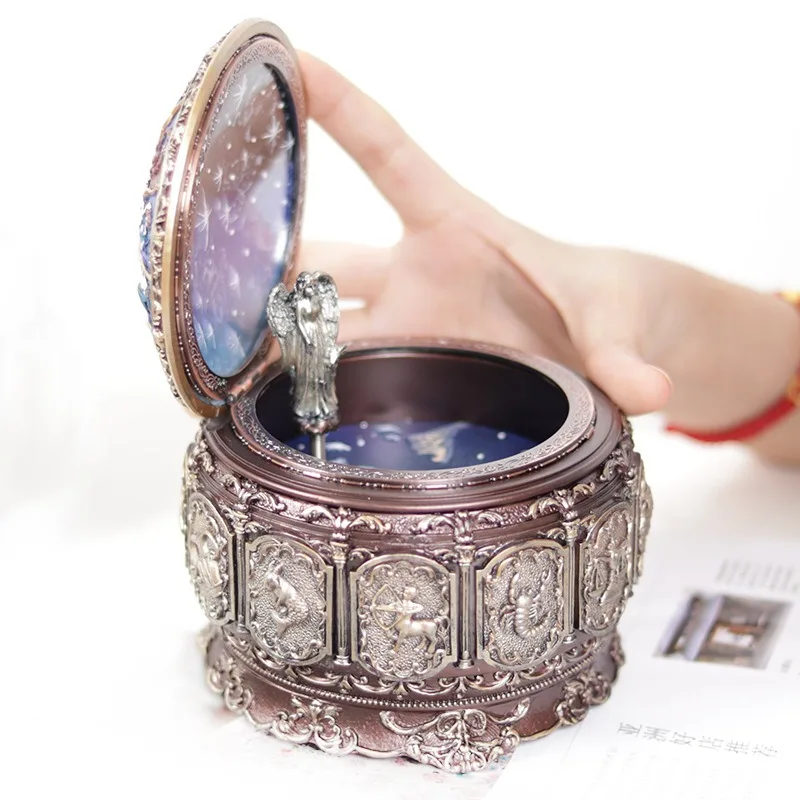 Resin Twelve Zodiac Signs Music Box With LED Light | Rotating Angel | Enameled Vintage Art Home Decor Gift
