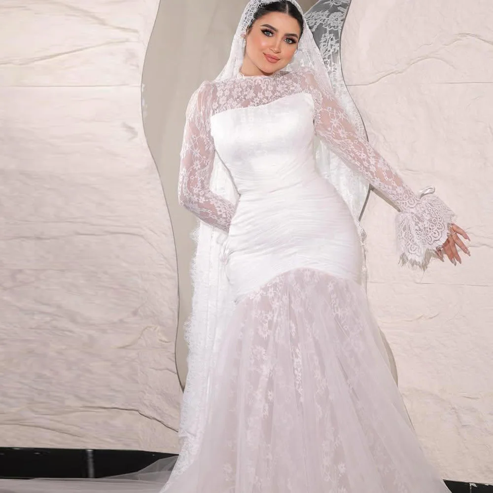 Customized Vintage Lace Wedding Dress Mermaid Bridal Gown with Flare Sleeve Bow Tie Detail Trumpet vestidos de novia