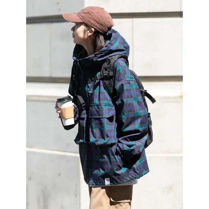 Women's Spring Autumn Trench Coat Tops Coats Hooded Plaid Jacket Simple Loose Casual Design Chic Advanced Soft Niche Versatile