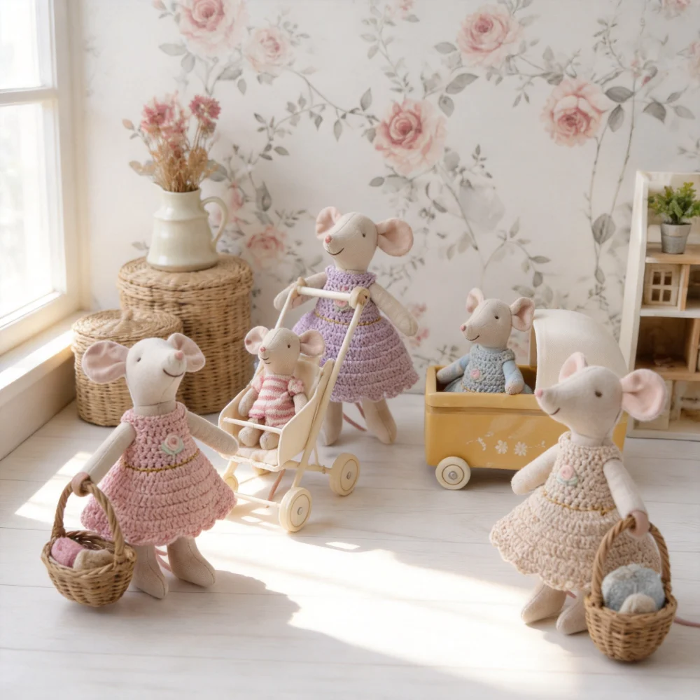 Cute Linen Mouse Doll Handmade Crochet Dress Toy Montessori Role Play Doll Kids Gift