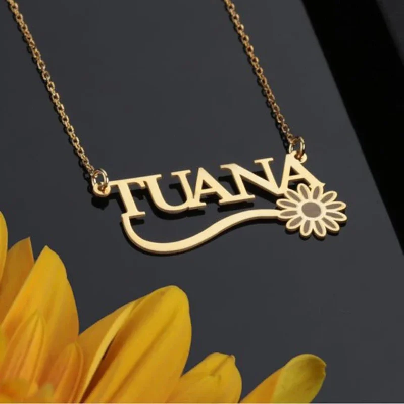 Sunflower Custom Name Necklace Pendant Stainless Steel Jewelry Personalized Clavicle Chain Pendant Mother's Day Valentine Gift