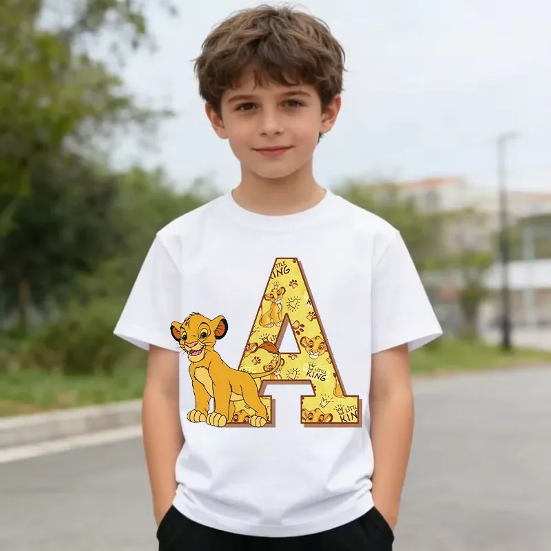 Camiseta Deportiva de Manga Corta para Niños con Estampado de Dibujos Animados de El Rey León, Algodón Puro, Letras del Alfabeto de la A a la Z, Camiseta Informal de Verano para Niñas