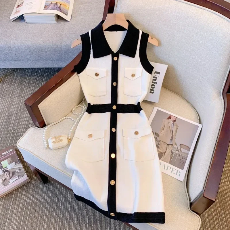 

Women Summer Luxury Elegant Patchwork Button Mini Dress 2023 Fashion Turn-Down Collar Contrast Color A-Line Dress Ladies Clothes