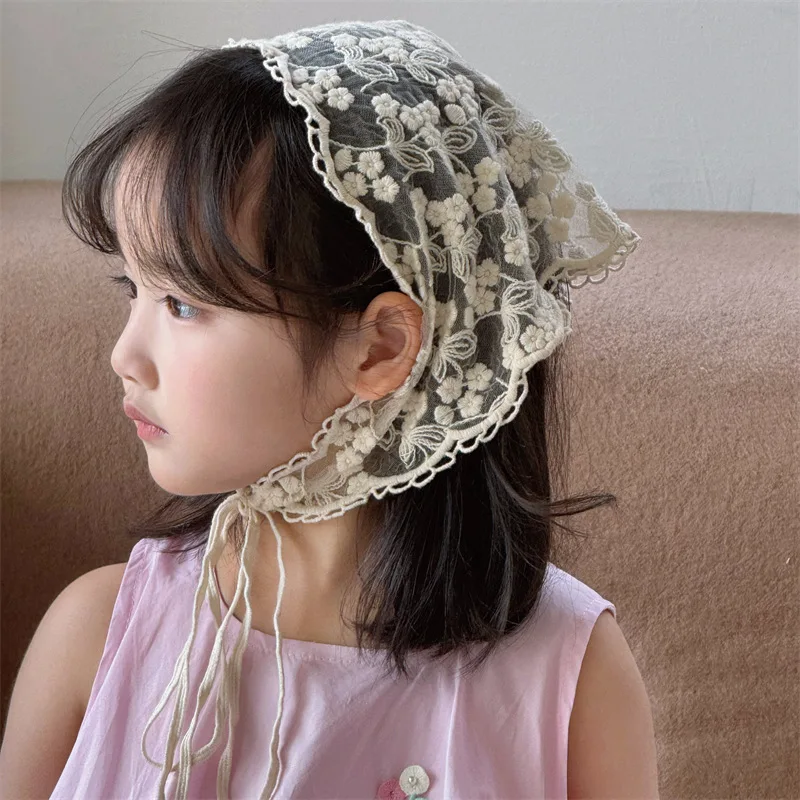 Child Lace Head Wrap Scarf Hat Triangle Towel HairBand Headdress Headwear Beach Garden Hair Bag Accessory Travel Photo Kerchief