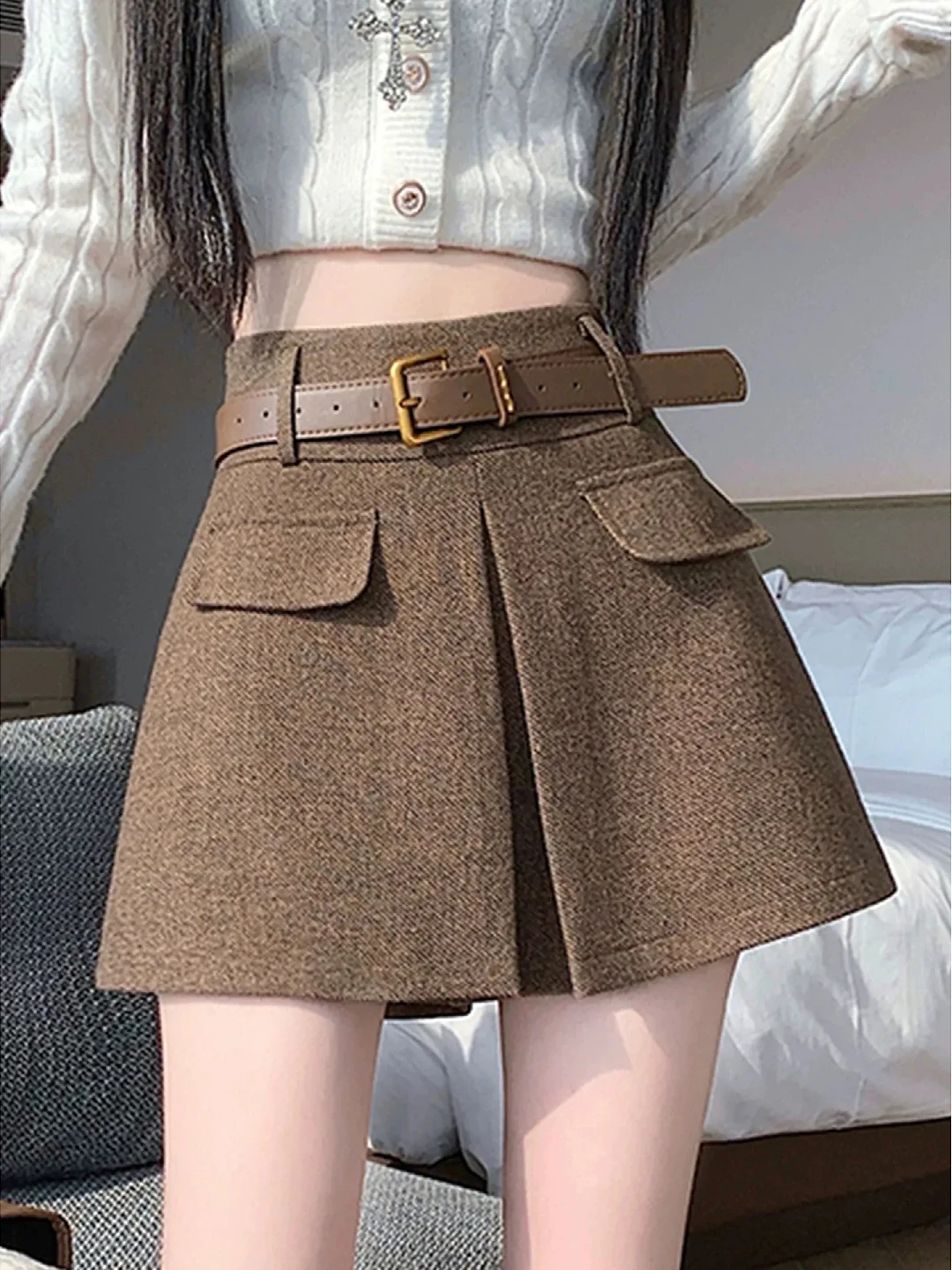 

Шерстяные брюки-кюлоты с высокой талией для женщин, осенне-зимняя новинка, укороченные, утепленные, А-силуэт, для стройности, маленькие размеры