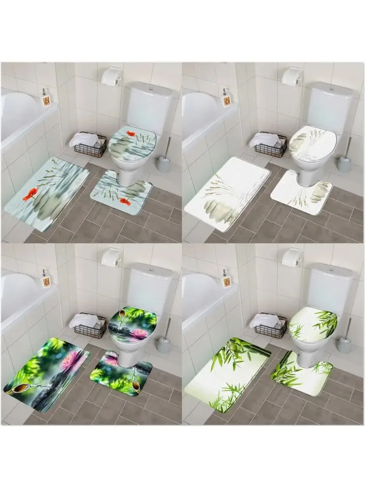 Zen Stone Bamboo 3pcs Bathroom Mat Set Flower Lotus Water Spa Antypoślizgowa flanelowa miękka wycieraczka Dywaniki podłogowe Pokrywa toalety Dywanik — zdjęcie 2