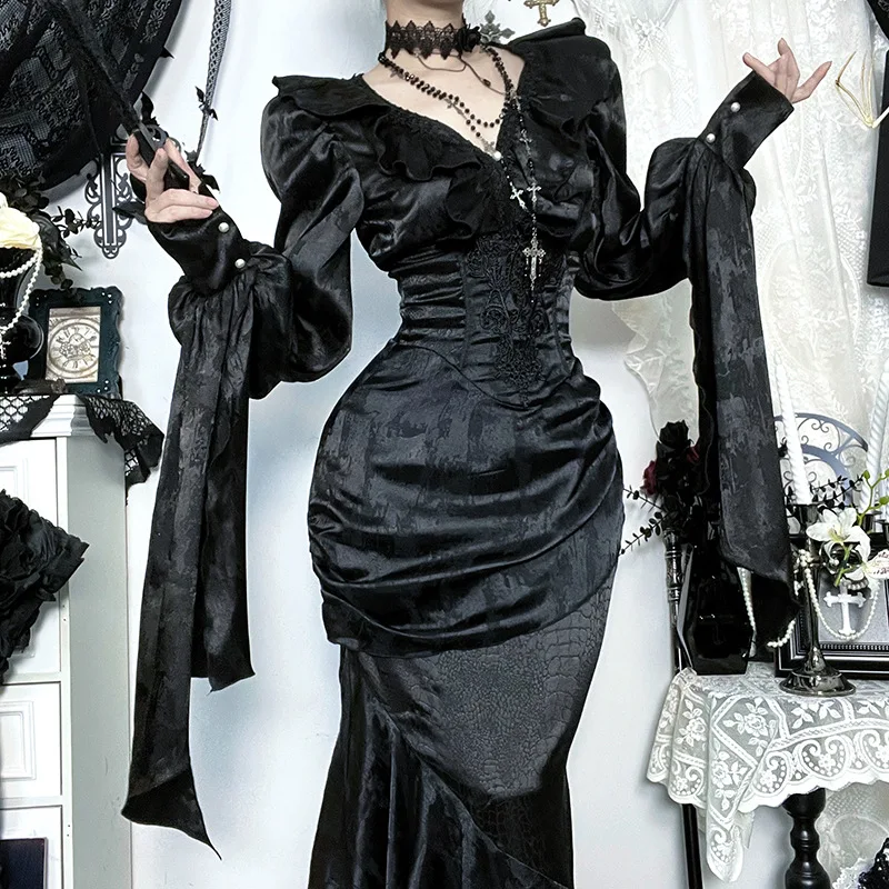 2025 Halloween cuello en V con volantes de manga larga Top otoño nuevo Retro versátil vestido camisero mujeres elegantes vestidos largos hermosos