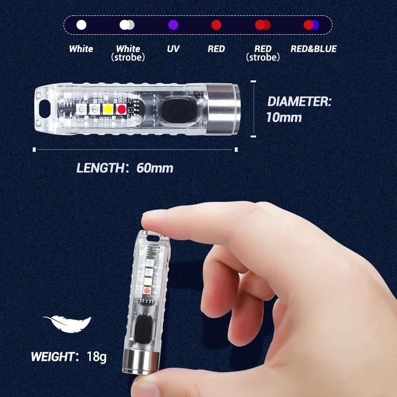 미니 키체인 손전등 USB C 충전식 LED 램프, 자석 캠핑 UV 라이트, 다기능 휴대용 조명 조명