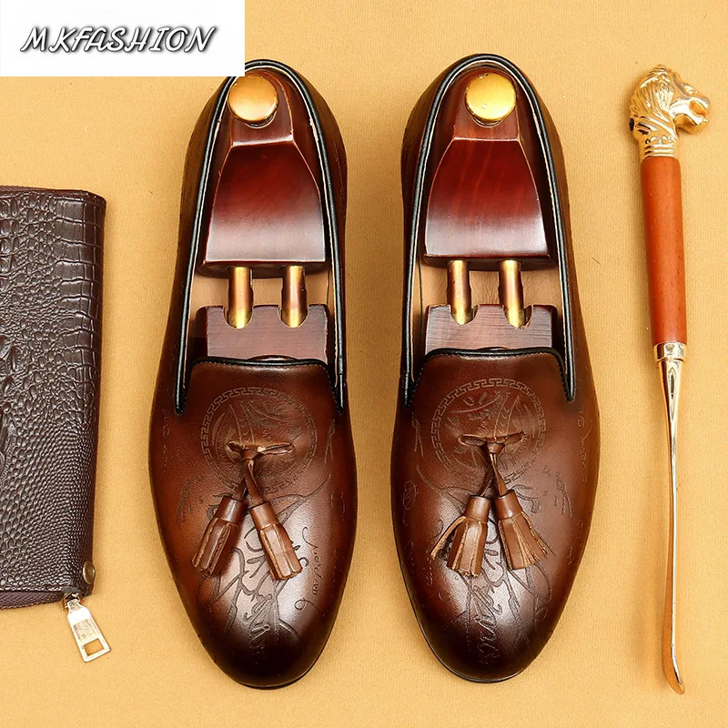 New Men's Business Casual Shoes Genuine Leather Slip On Flats with Tassel Loafers Male Footwear