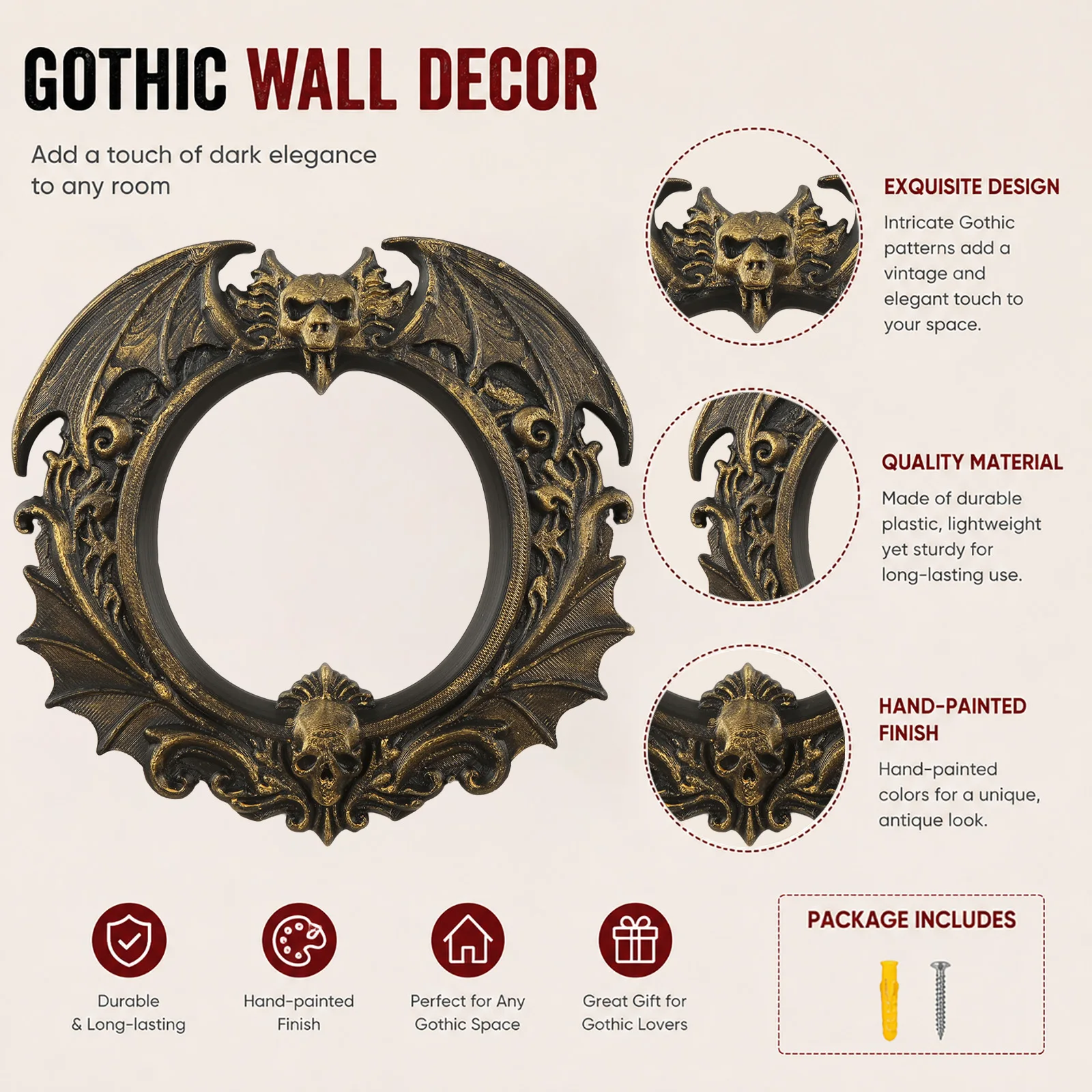 Cross‑border Dark Gothic Bat Skull Embossed Wall Frame, European Antique Black Gold Wall Ornament for Home Aesthetic Decor