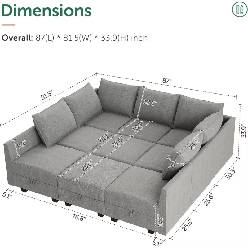 Modular Sectional Sofa with Storage, Sleeper Sectional Sofa Modular Sectional Couch for Living Room, Grey