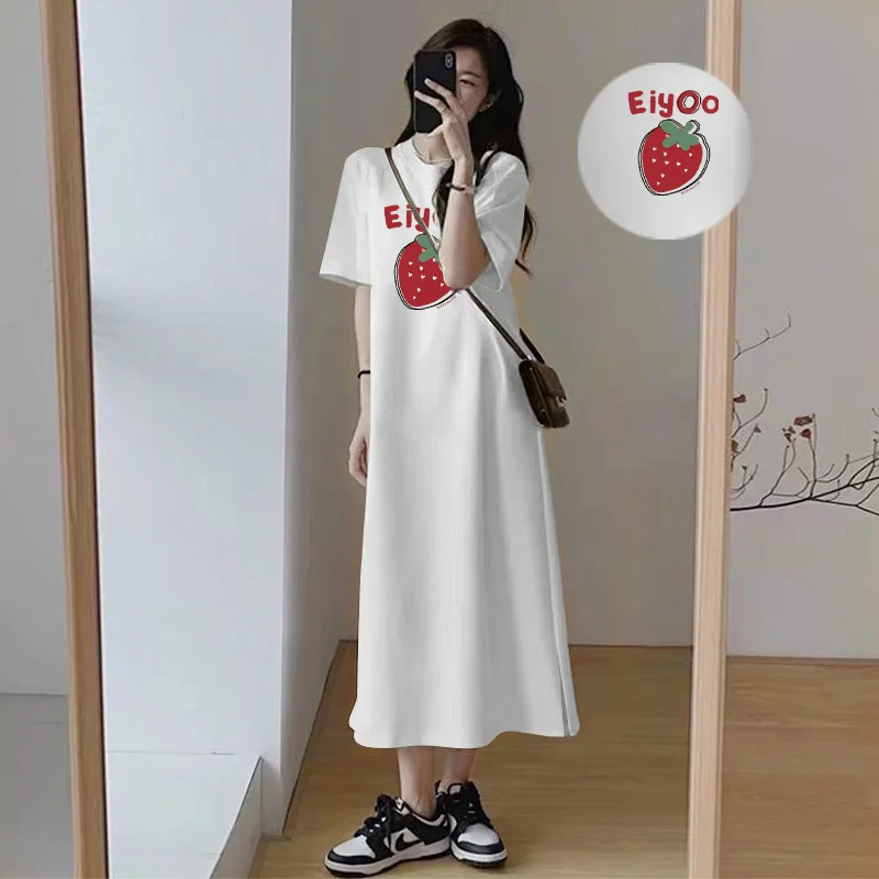 

Cute Strawberry Graphic Print Loose Maxi T Shirt Dress Women Casual Oversized Side Split Summer Dress