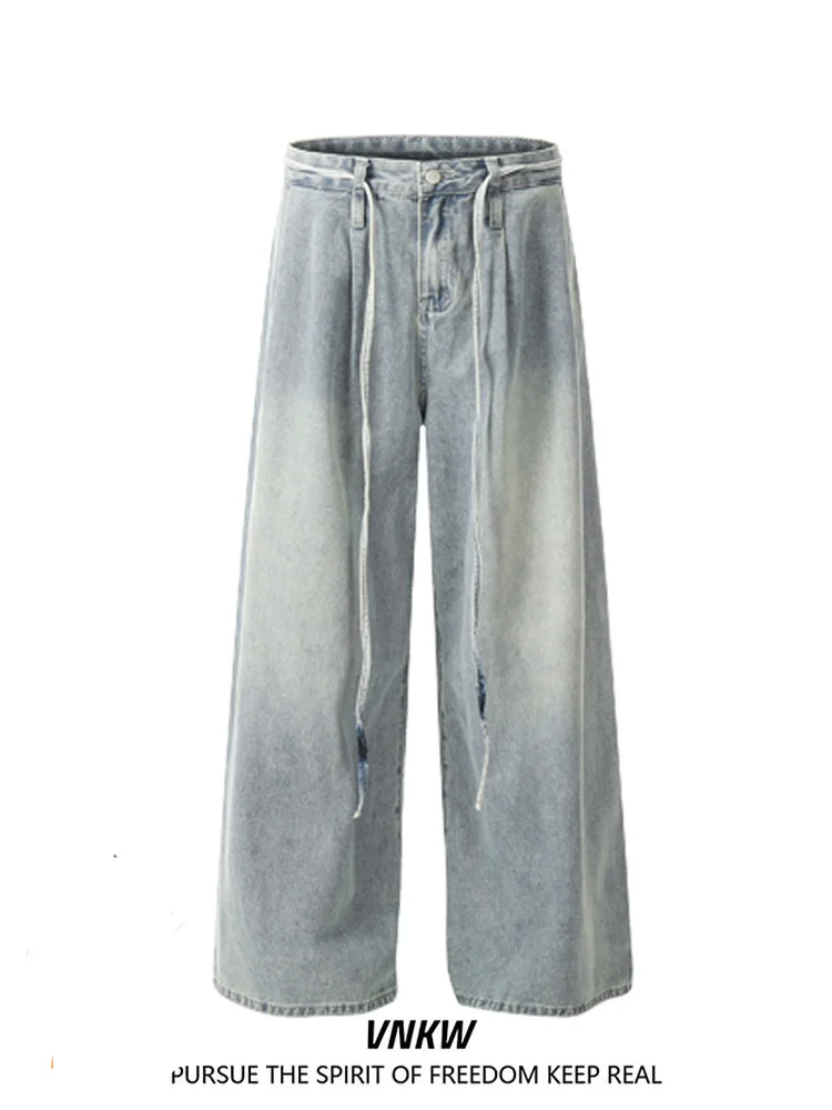 

Retro Waed High Waist Dstring Casual Wide Leg Jeans Men Women High Street Sle Loose Fit Long Trousers Blue Color