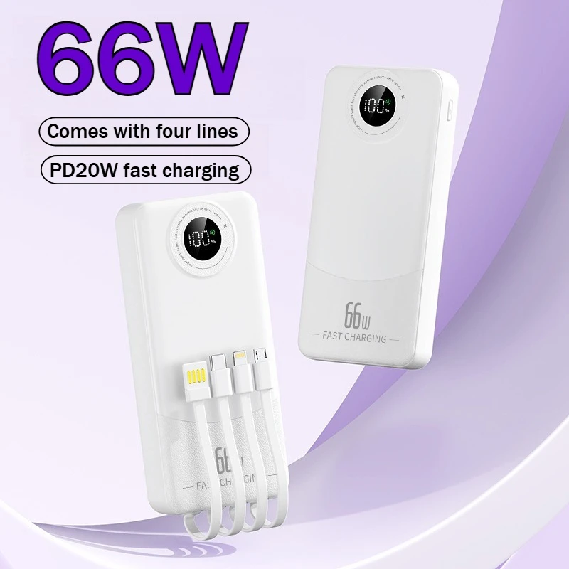 66W Fast Charging Power Bank Large Capacity 20000mAh with 4 Cables External Battery for Iphone Xiaomi Samsung
