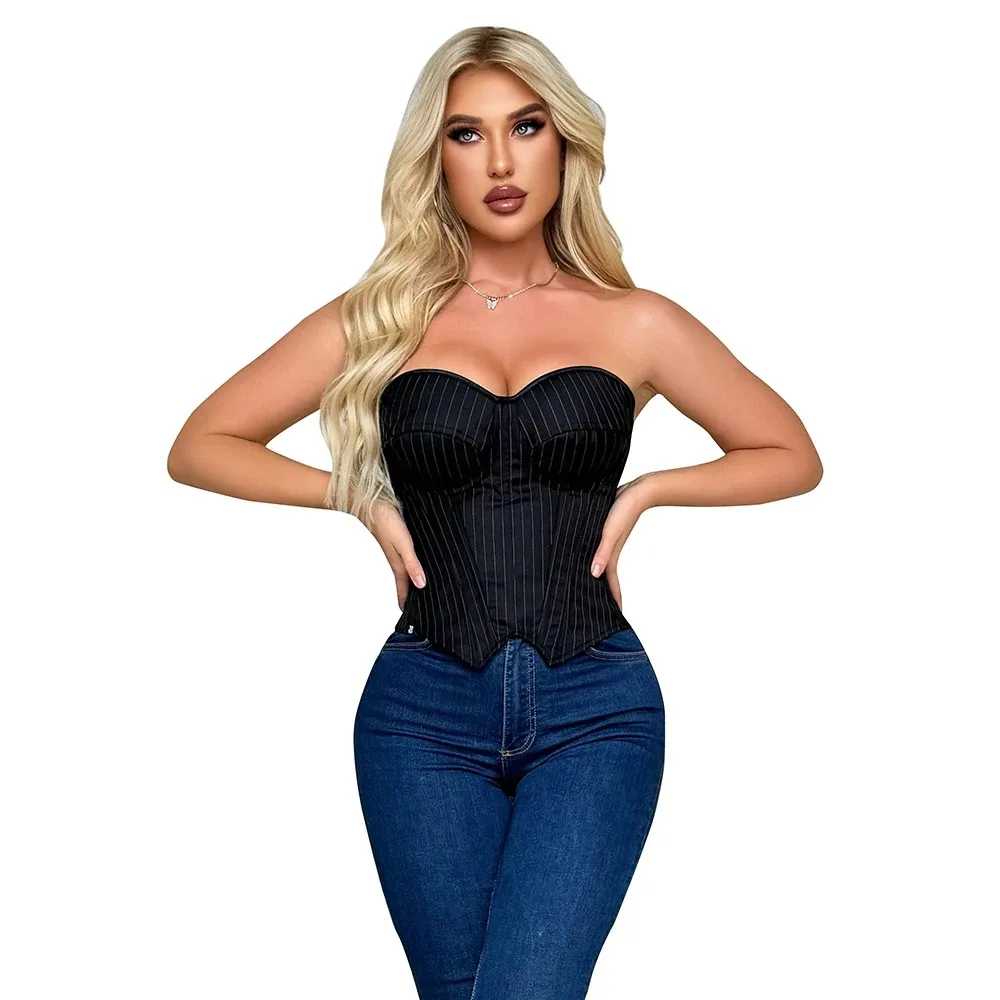 

Офисный женский корсетный топ с бюстгальтером, бюстье на молнии с эффектом пуш-ап, корректирующее белье на шнуровке, модный полосатый корсет с завышенной талией