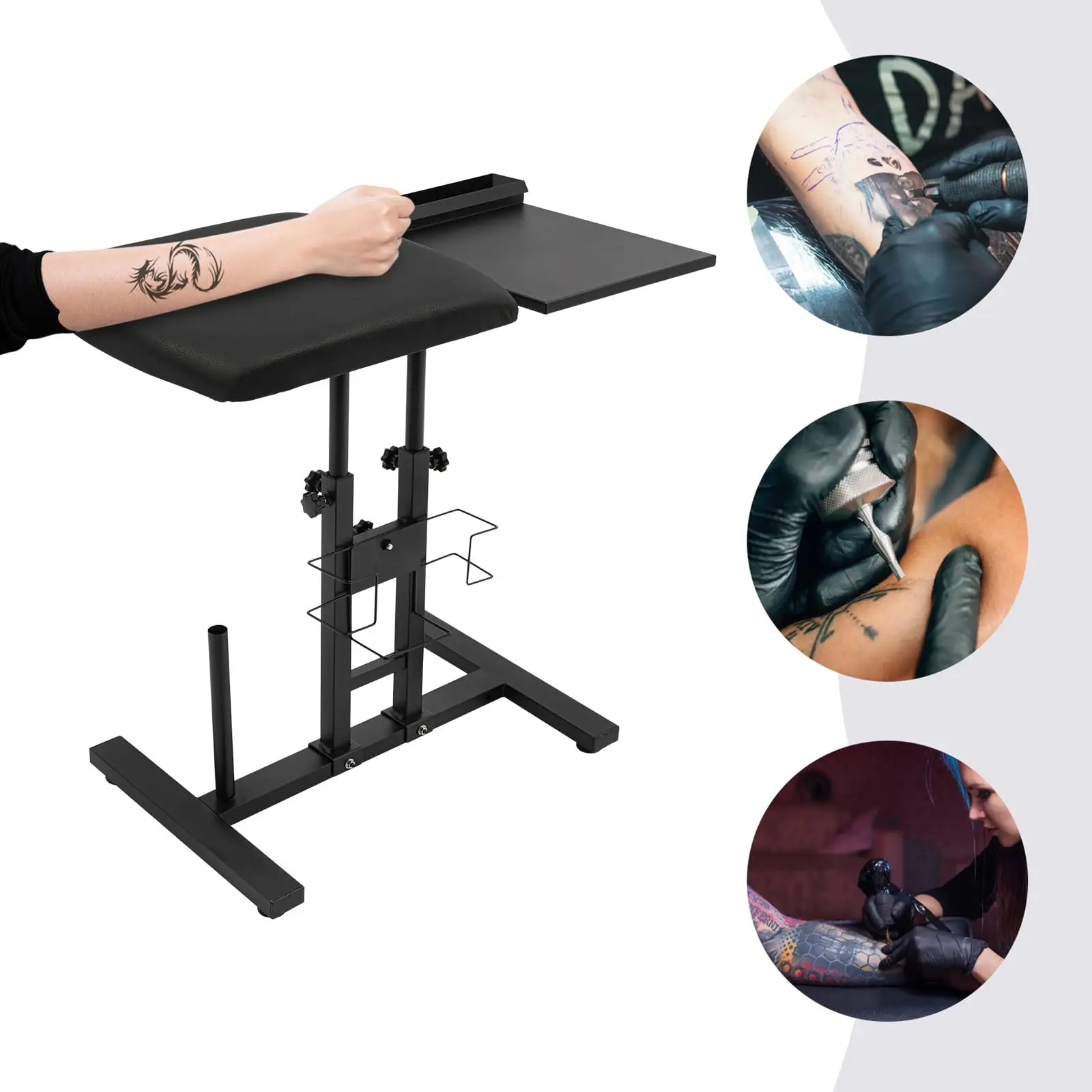 حامل مسند ذراع وشم قابل لضبط الارتفاع مع وسادة جلدية سوداء كبيرة الحجم، 360 درجة °   منضدة عمل قابلة للدوران، وقاعدة مضادة للانزلاق، وتخزين