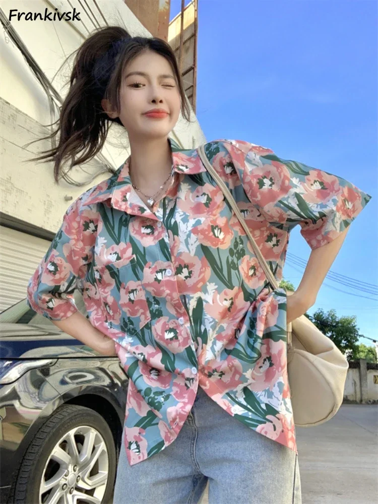 M-4XL Shirts Women Summer Floral Vitality Girlish Leisure Beach American Style Stylish All-match Lovely Aesthetic Temperament