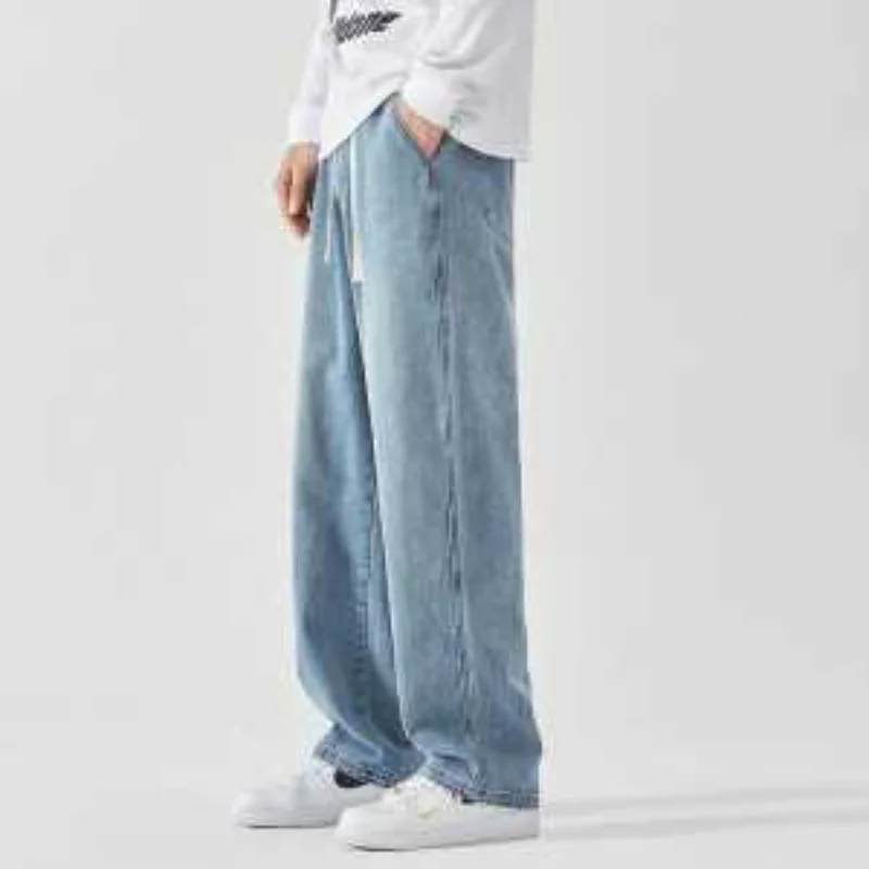

Men's Light Blue Washed Denim Pants Loose Straight Drawstring Waist Casual Jeans