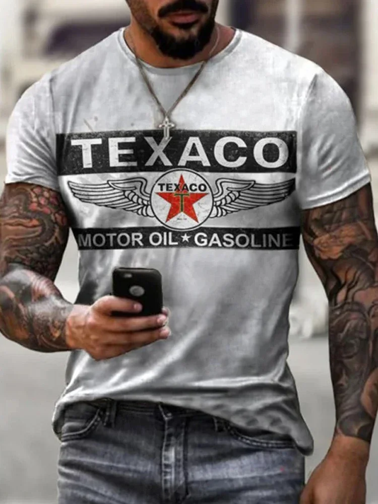 New Men\'s T-shirt Texaco Gasoline+Engine Oil Letters 3D Printed Short Sleeve Tees Summer Oversized Round Neck Retro Man T Shirts