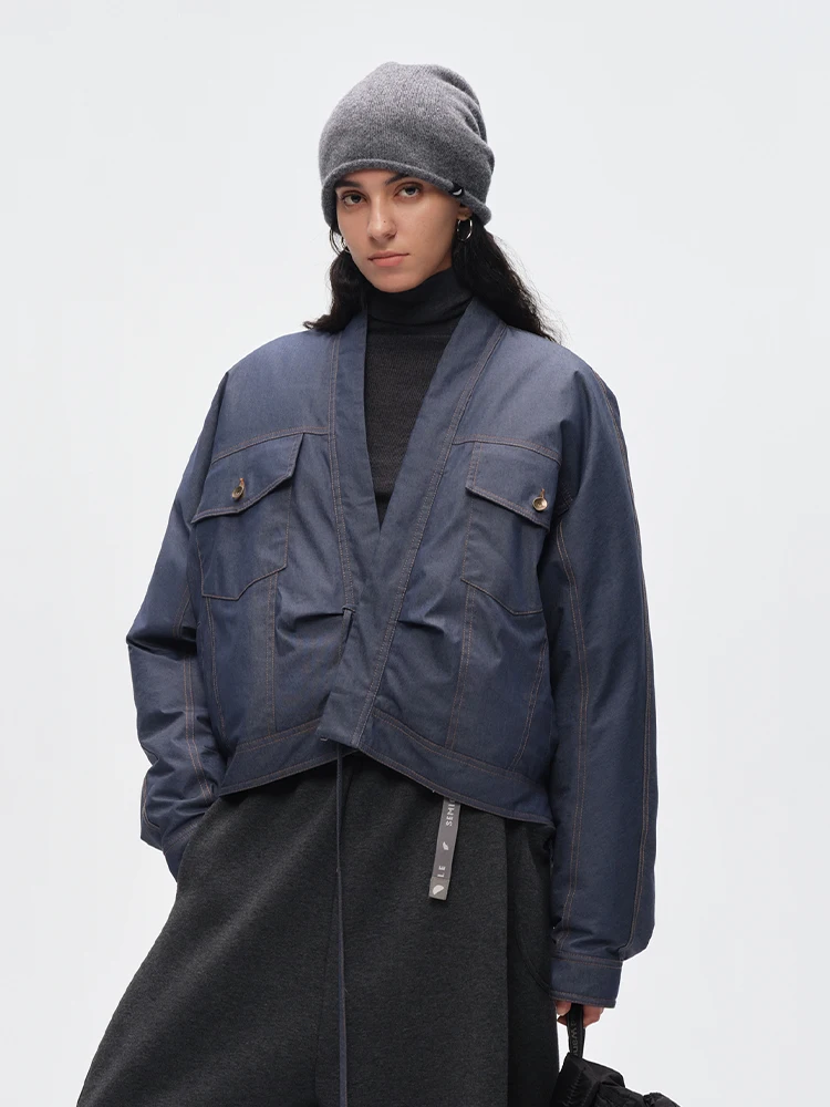 

Loose Women's down Jaet Retro Waed Crt Wide Large Workwear kets Autumn Winter Coat Casual Sle Cotton Fabric V-Ne