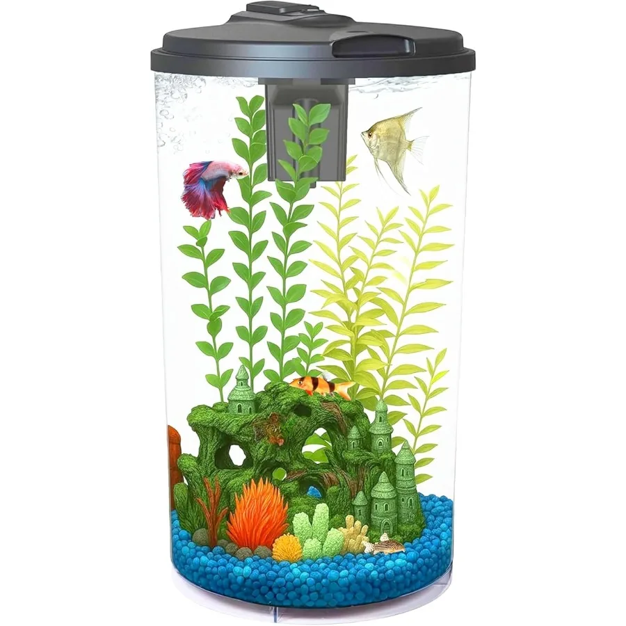 

6Gallon Transparent 360Degree View Plastic Aquarium Kit with Builtin LED Lighting and Integrated Power Filter for Tropical Fish