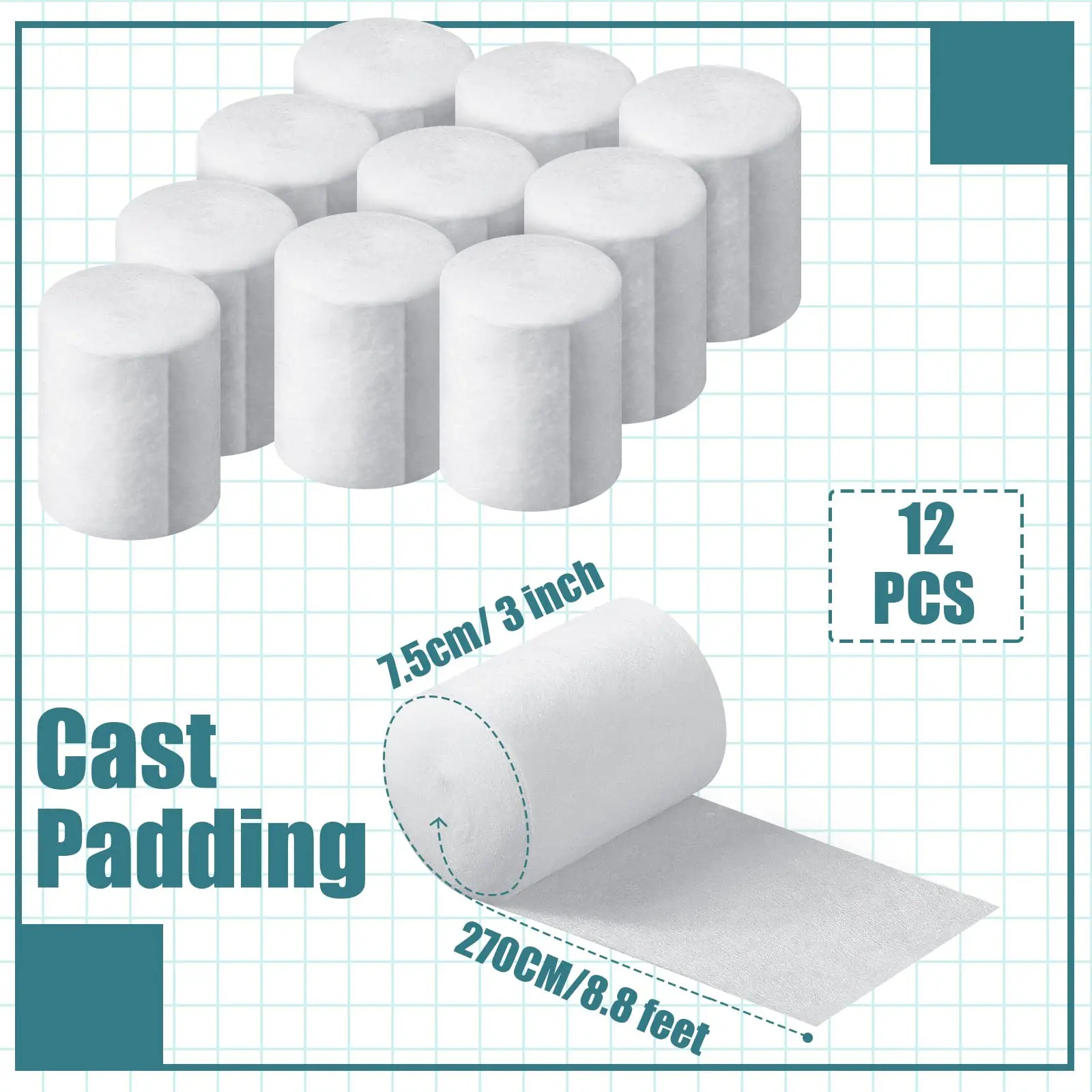 Nuanchu 12 Rolls Medical Cotton Cast Padding Plaster Cloth,6 Inch X 8.8 ft Individual Wrapped, Undercast Protection Padding, Soft Cloth for Body Casts, Halloween Bandage Art, Mask Craft Supplies