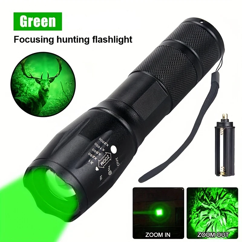 Powerful LED Flashlight Zoomable Adjustable Green Light for Night Hunting Fishing Camping Beekeeping