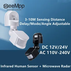 Detector de movimiento PIR para exteriores, Sensor de movimiento infrarrojo automático, interruptor de luz IP65, montaje en pared, CA 110-240V, cc 12-24V