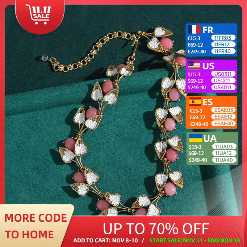 

Vintage Pink Natural Stone Fruit Leaf Statement Choker Necklaces Gold Color For Woman Luxury High Quality Jewelry Wedding Party