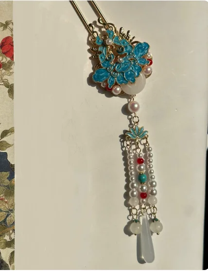 Blue Enamel Hairpin with Butterfly and Flower Motifs, Ancient-Style Tassel Shaking Hair Ornament for Hanfu, Chinese-style Access