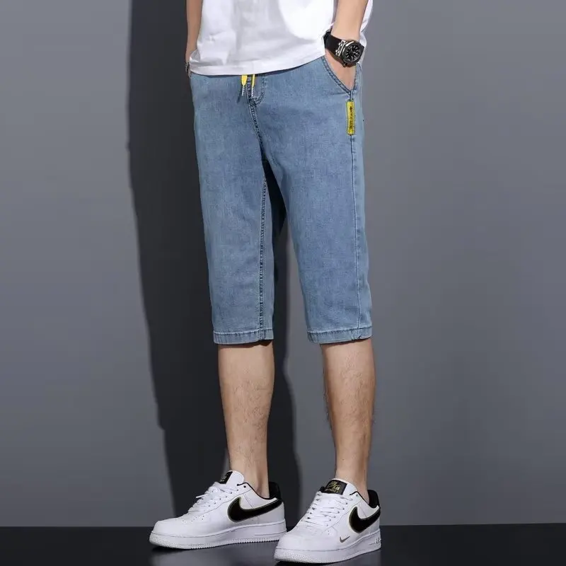 Straight Trousers 2024 Summer New Men's Spliced Elastic Drawstring Letter Pockets Fashion Slim Young Style Trendy Jeans Shorts