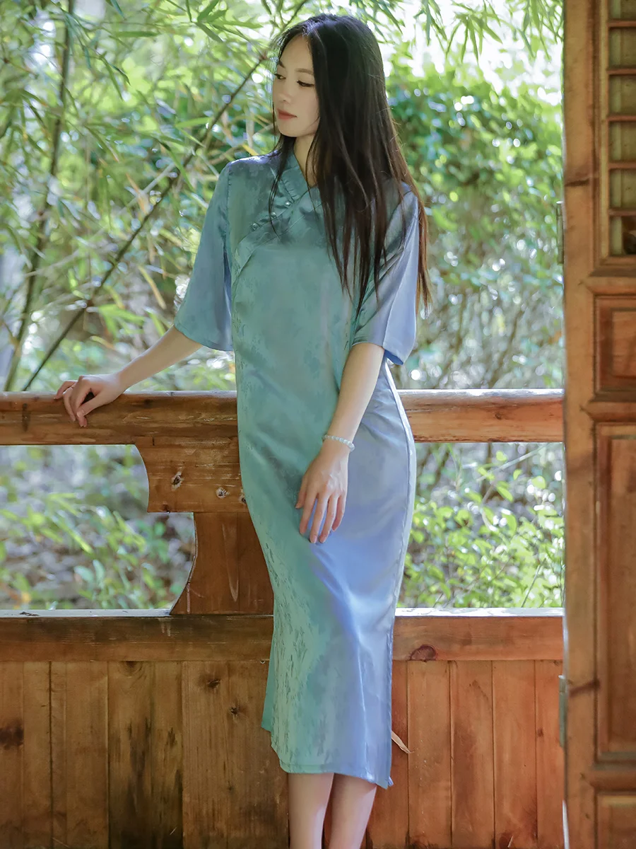 

LZJN Women's summer V-neck cheongsam dress slimming slit long skirt solid color short-sleeved daily cardigan thin jacquard dress