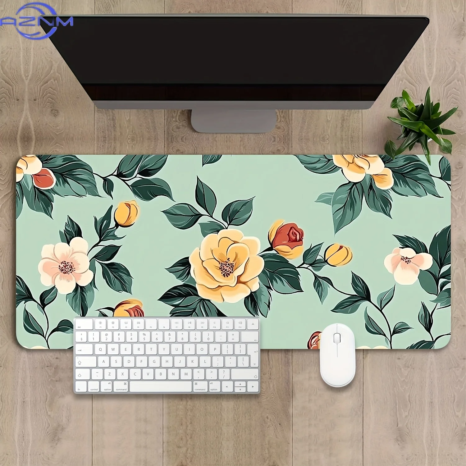 Large Non-Slip Desk Mat with Delicate Yellow Flower Motif - Mint Green Gaming Mouse Pad & Office Keyboard Mat, Durable Computer