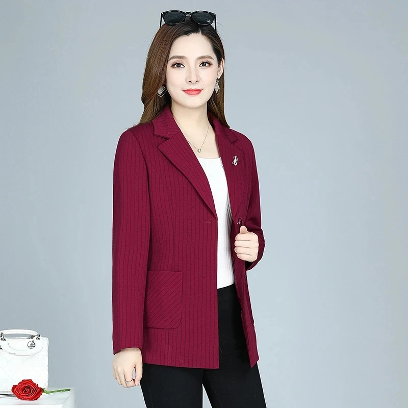 Middle Aged Mother\'s Blazers Coat Spring Autumn Casual Suits Collar Stripe Suits Jacket Fashion High Quality Short Blazer Tops