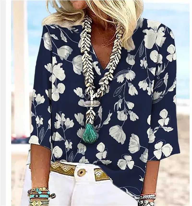 Casual Printed Loose V-neck Top 2025 Summer Women's Short Sleeved Fashionable Printed Style Daily Comfortable T-shirt Top