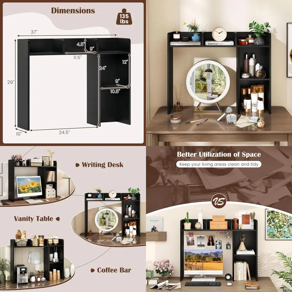 

27 Inch Monitor Wood Desk Hutch Organizer, 5-Shelf Countertop Storage Display Rack, Multipurpose Bookcase for Home Office Dorm,