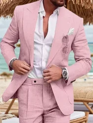 Classic Men's Linen Set 2-Piece Jacket and Pants Slim Fit Suit Summer Beach Wedding One Button Tuxedo Linen Suit