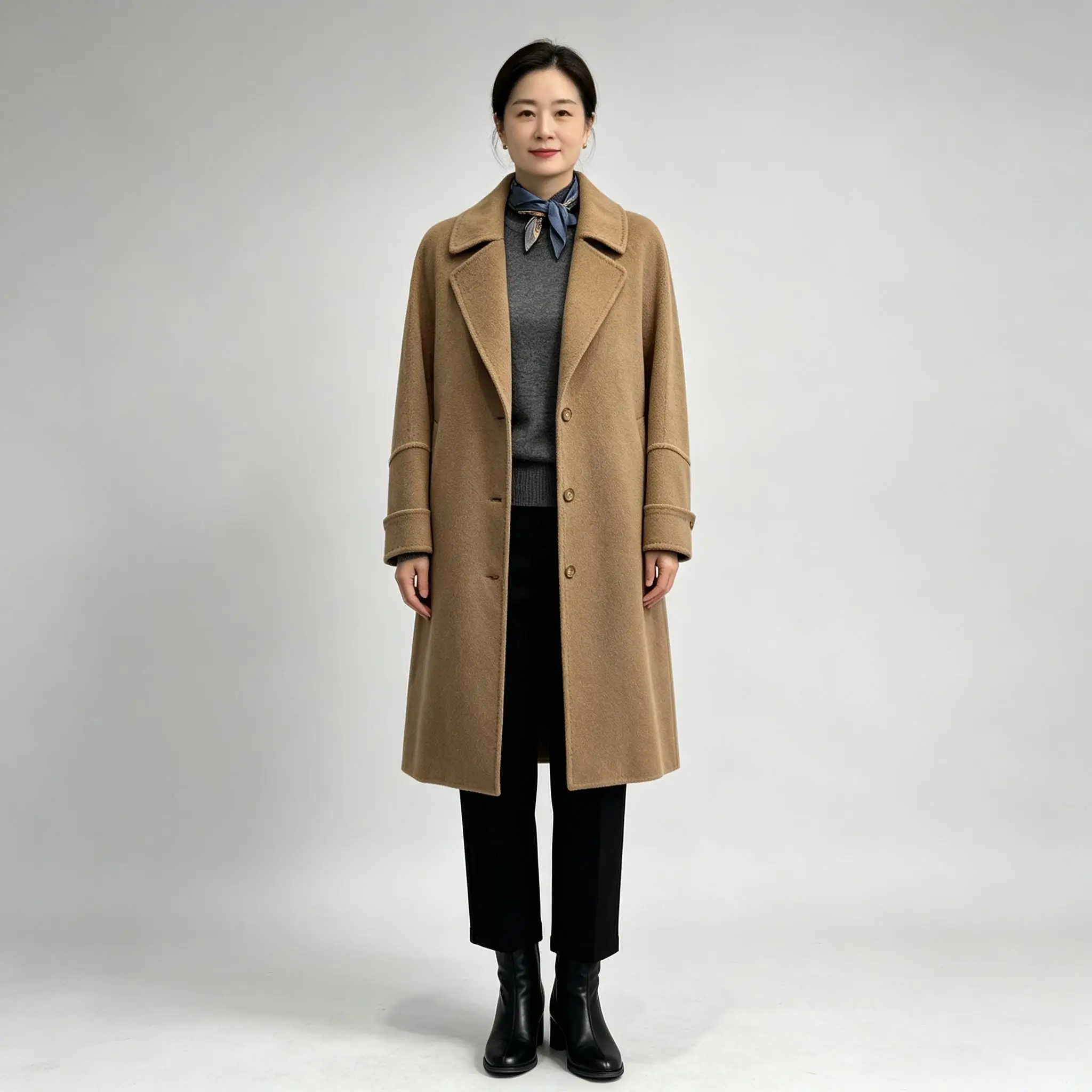 Elegant Women Lapel Double Face Wool Coat Camel Color Mid Length Winter Outerwear