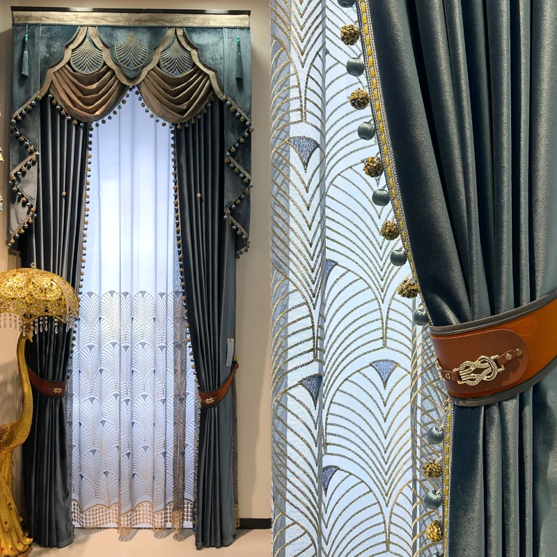 Custom Fantastic Modern embroidered gauze shade velvet living room blue cloth blackout curtain tulle valance drape C2080