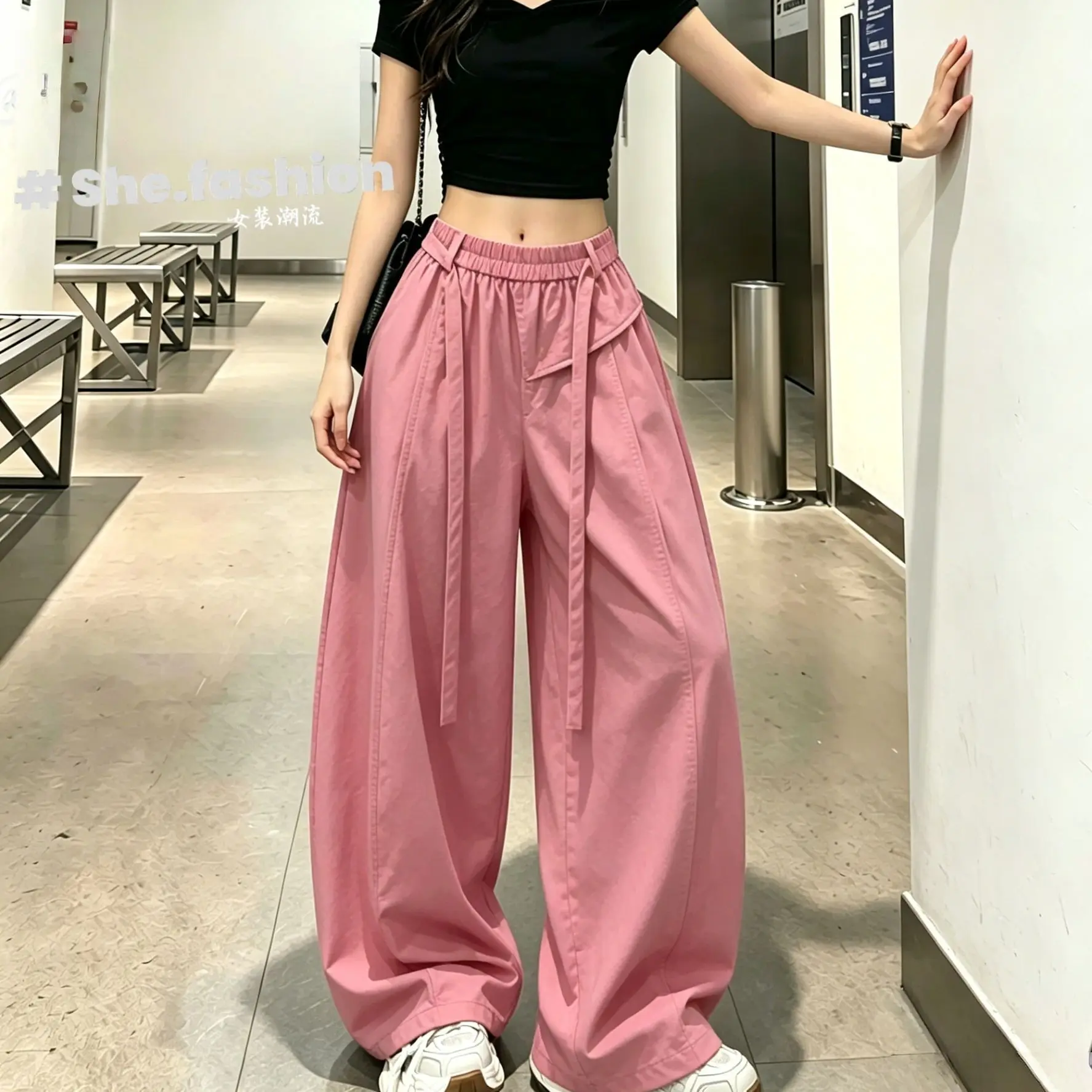 Mint green thin white design scimitar new fashion versatile high waist high wide leg pants  techwear women